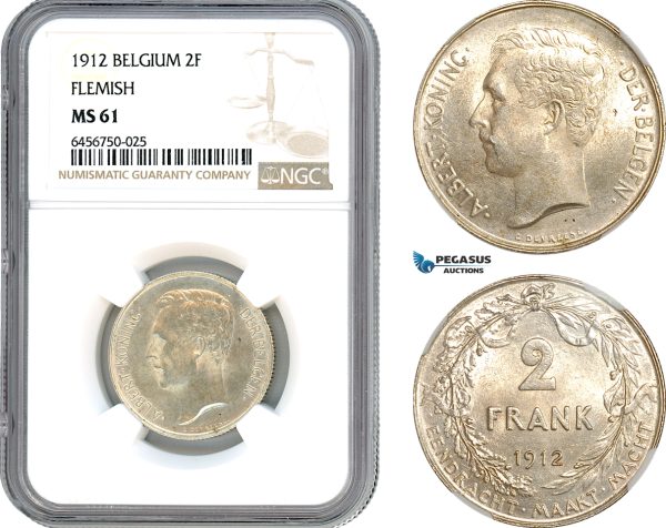 AH519, Belgium, Albert I, 2 Francs 1912, Brussels Mint, Silver, Flemish Text, NGC MS61