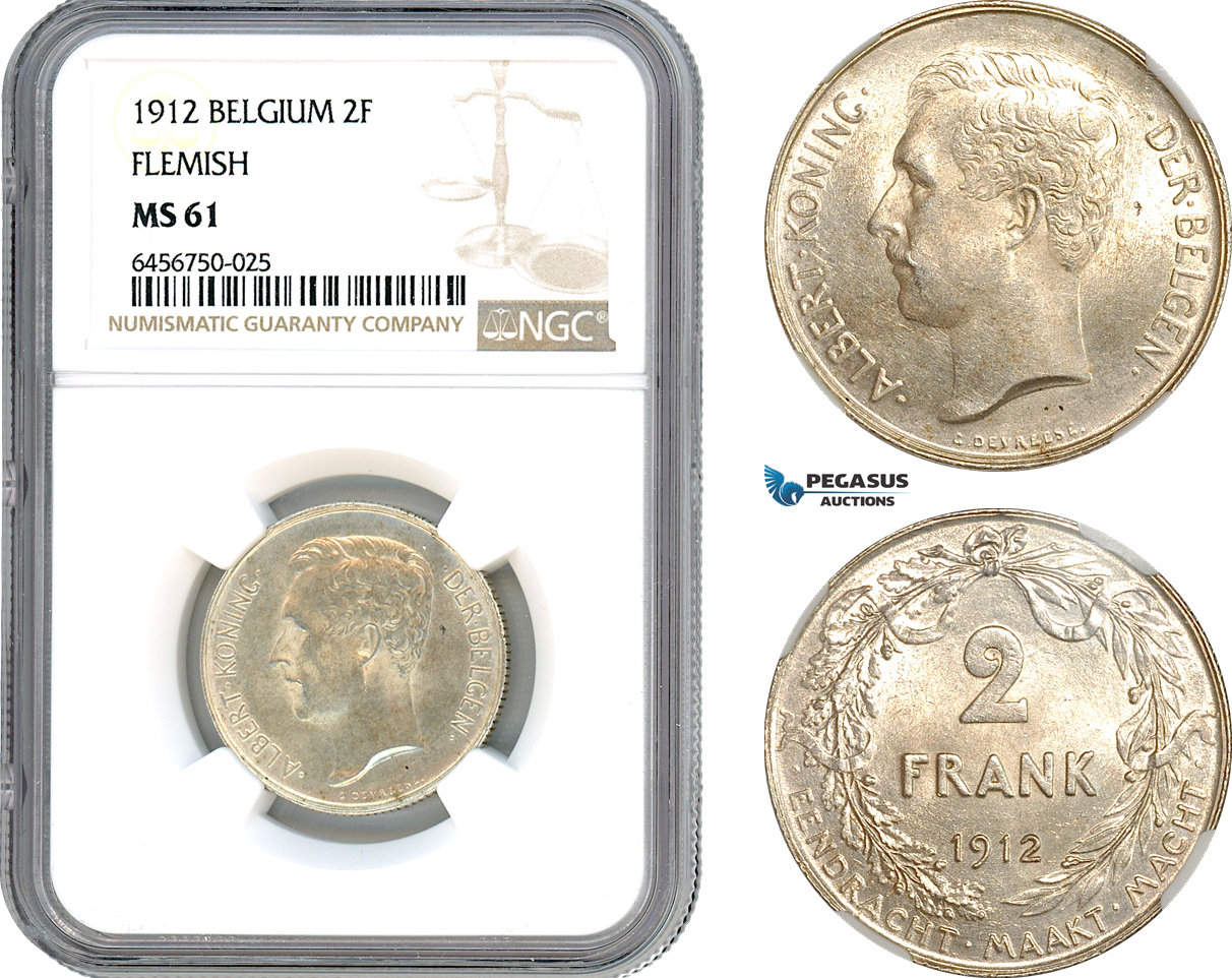 AH519, Belgium, Albert I, 2 Francs 1912, Brussels Mint, Silver, Flemish Text, NGC MS61