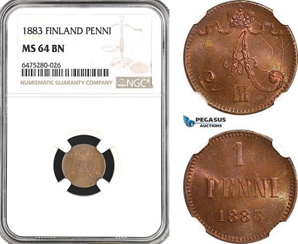 AH52, Finland, Alexander III. of Russia, 1 Penni 1883, Helsinki Mint, NGC MS64BN