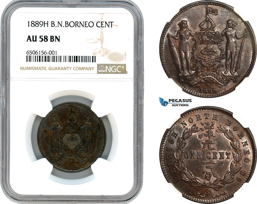 AH520, British North Borneo, 1 Cent 1889 H, Heaton Mint, NGC AU58BN