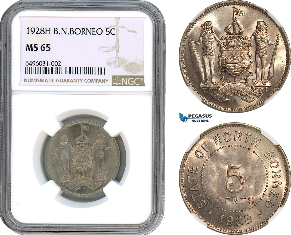 AH522, British North Borneo, 5 Cents 1928 H, Heaton Mint, NGC MS65