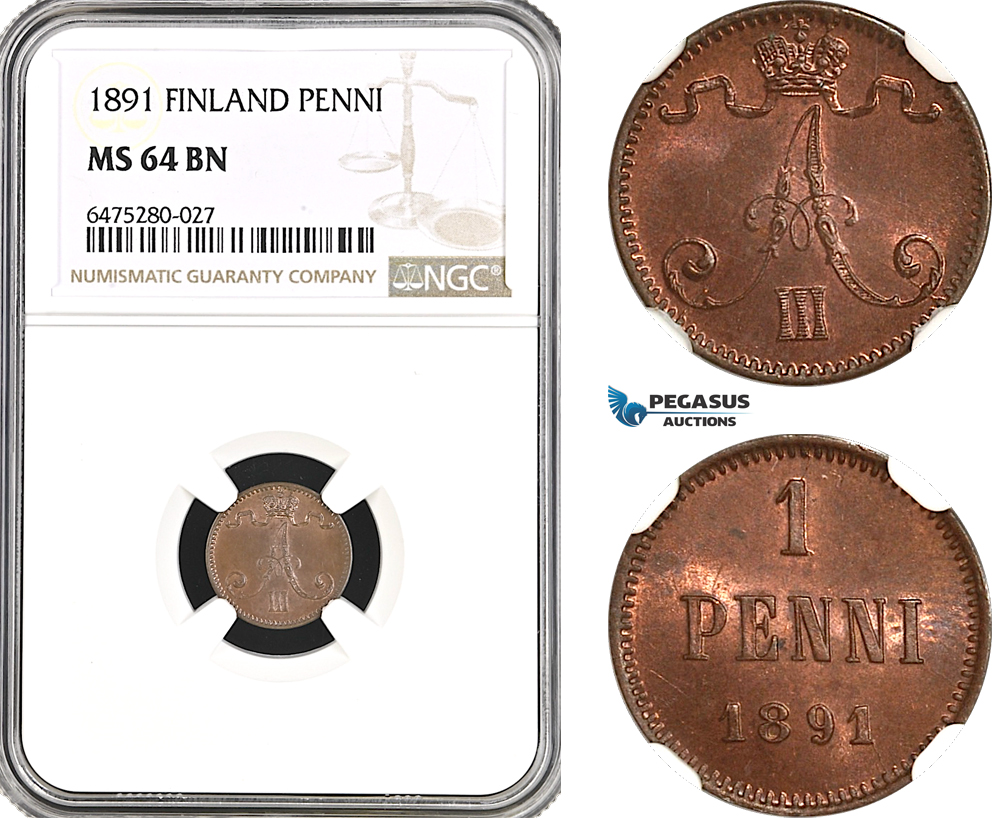 AH53, Finland, Alexander III. of Russia, 1 Penni 1891, Helsinki Mint, NGC MS64BN