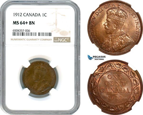 AH536, Canada, George V, 1 Cent 1912, Ottawa Mint, NGC MS64+BN