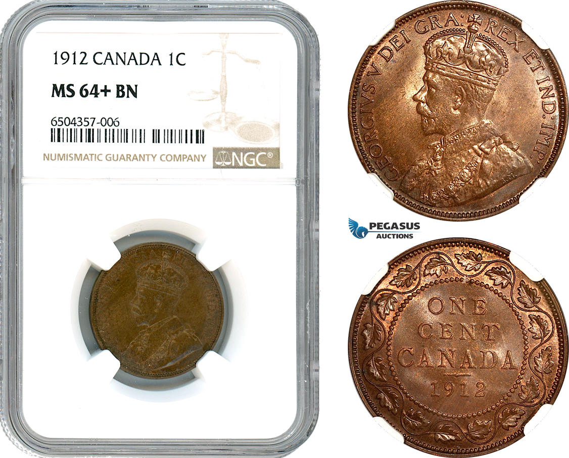 AH536, Canada, George V, 1 Cent 1912, Ottawa Mint, NGC MS64+BN