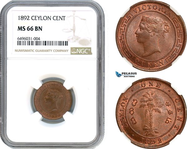 AH537, Ceylon, Victoria, 1 Cent 1892, Calcutta Mint, NGC MS66BN, Pop 1/0