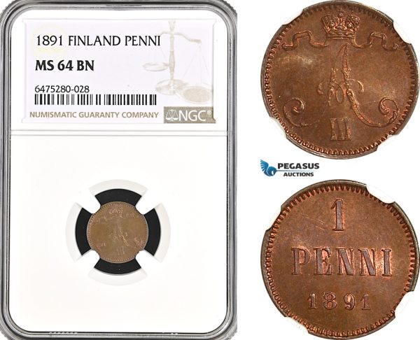 AH54, Finland, Alexander III. of Russia, 1 Penni 1891, Helsinki Mint, NGC MS64BN