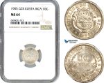 AH552, Costa Rica, 10 Centimos 1905, Philadelphia Mint, Silver, NGC MS64