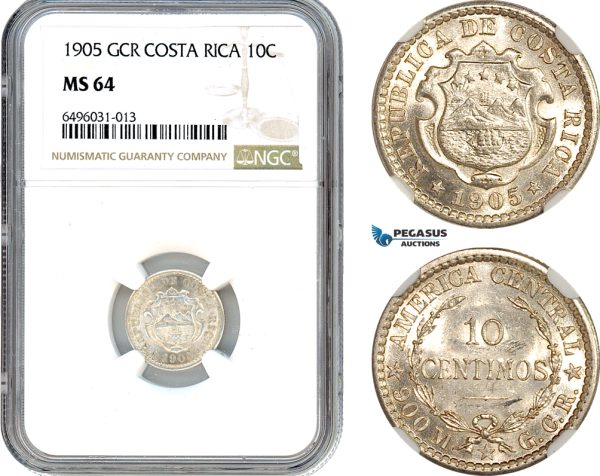 AH552, Costa Rica, 10 Centimos 1905, Philadelphia Mint, Silver, NGC MS64