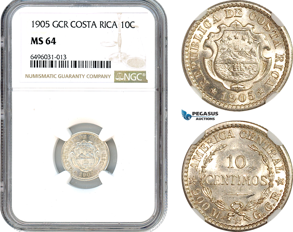 AH552, Costa Rica, 10 Centimos 1905, Philadelphia Mint, Silver, NGC MS64