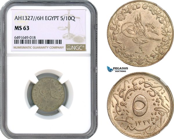AH556, Ottoman Empire, Egypt, Mehmed Reshad V, 5/10 Qirsh AH1327//6 H, Heaton Mint, NGC MS63