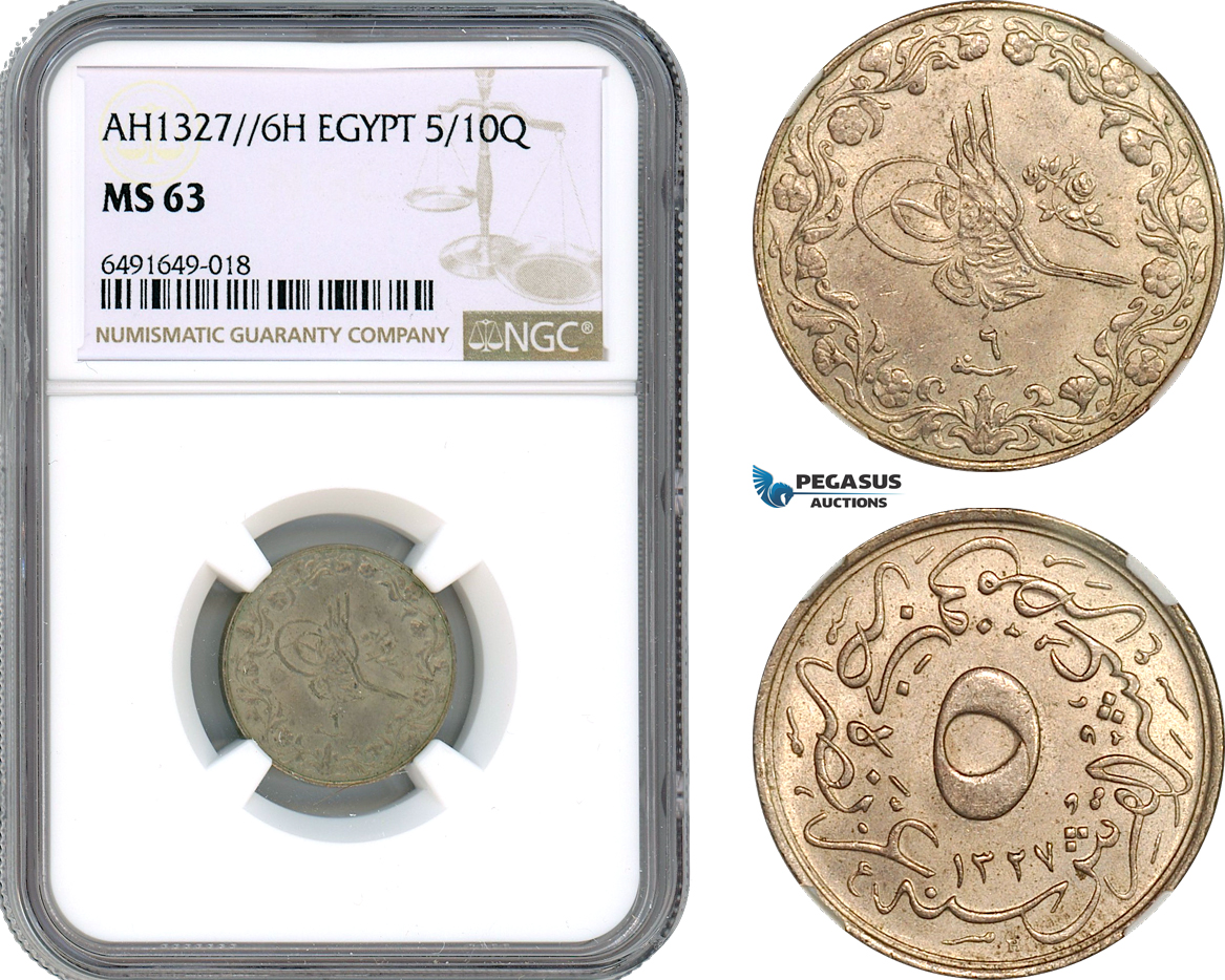 AH556, Ottoman Empire, Egypt, Mehmed Reshad V, 5/10 Qirsh AH1327//6 H, Heaton Mint, NGC MS63