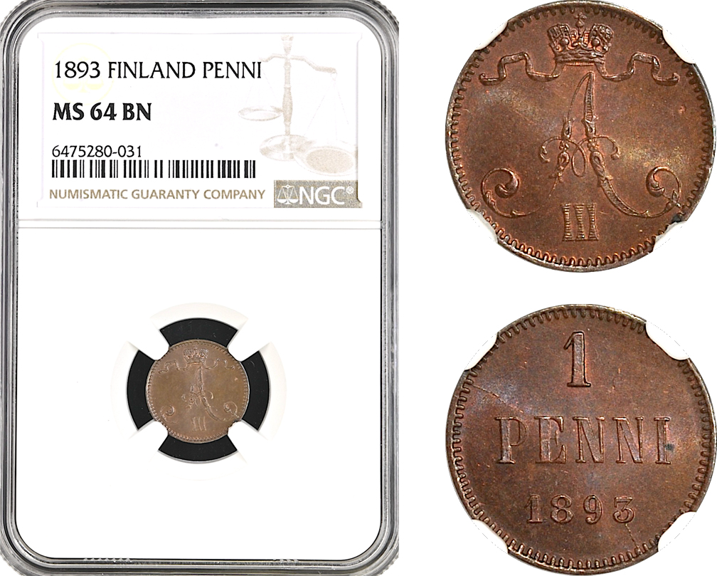 AH56, Finland, Alexander III. of Russia, 1 Penni 1893, Helsinki Mint, NGC MS64BN
