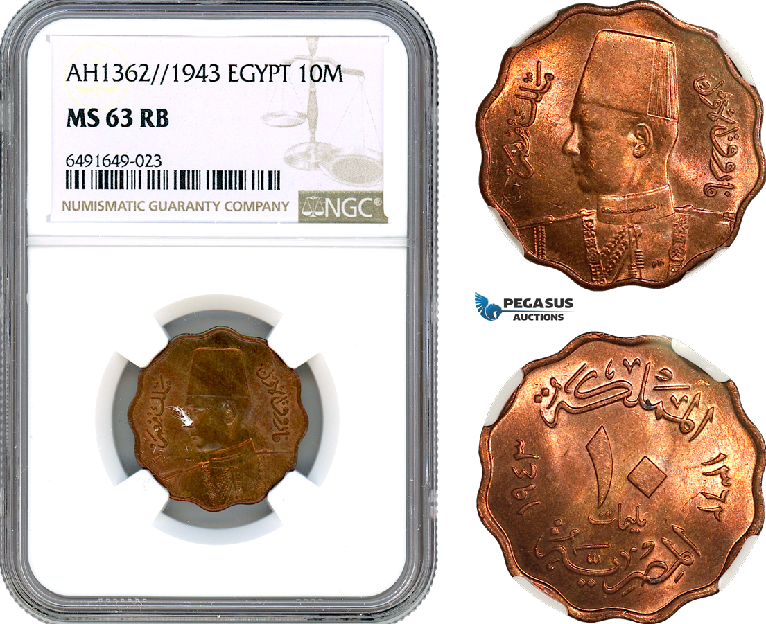 AH561, Egypt, Farouk, 10 Milliemes AH1362//1943, NGC MS63RB