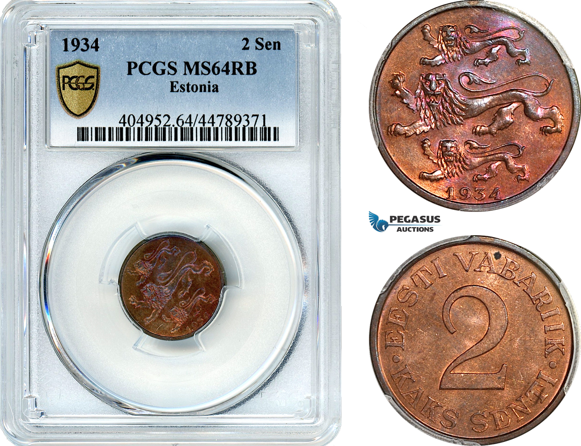 AH563, Estonia, 2 Senti 1934, PCGS MS64RB