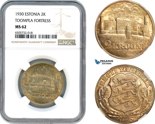 AH564, Estonia, 2 Krooni 1930 "Toompea Fortress" Silver, NGC MS62