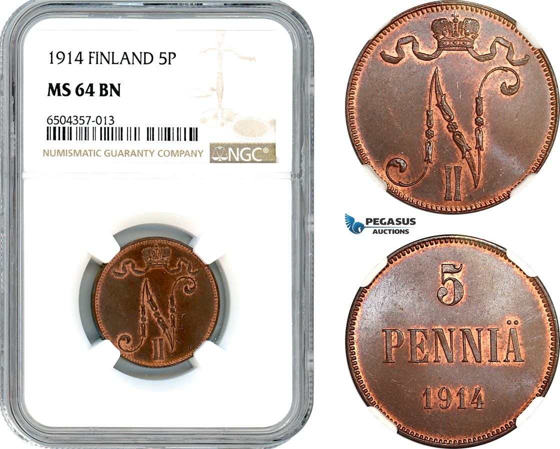 AH565, Finland, Nicholas II. of Russia, 5 Penniä 1914, Helsinki Mint, NGC MS64BN