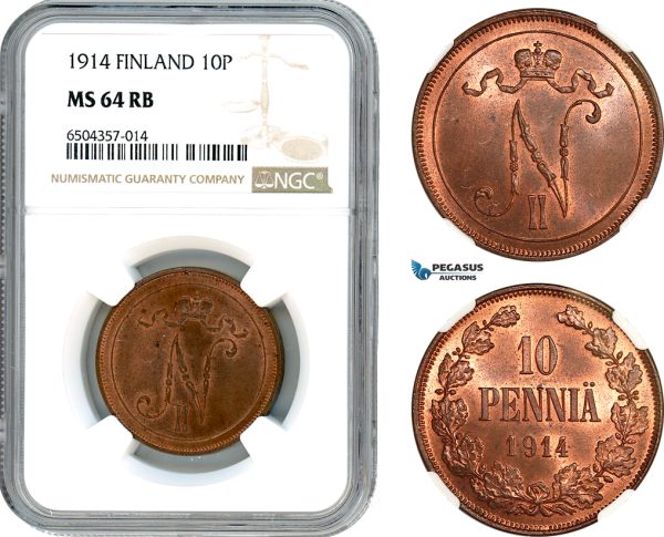 AH566, Finland, Nicholas II. of Russia, 10 Penniä 1914, Helsinki Mint, NGC MS64RB