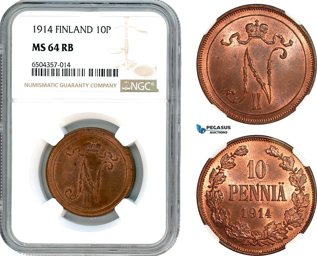 AH566, Finland, Nicholas II. of Russia, 10 Penniä 1914, Helsinki Mint, NGC MS64RB