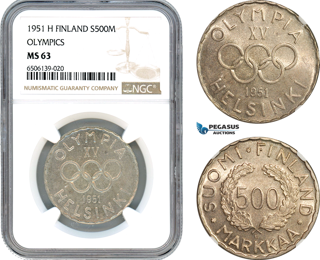 AH567, Finland, 500 Markkaa 1951 H, Helsinki Mint, Silver, Olympics, NGC MS63, Rare!
