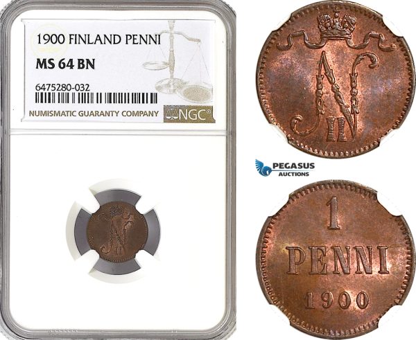 AH57, Finland, Nicholas II. of Russia, 1 Penni 1900, Helsinki Mint, NGC MS64BN