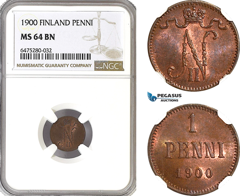AH57, Finland, Nicholas II. of Russia, 1 Penni 1900, Helsinki Mint, NGC MS64BN