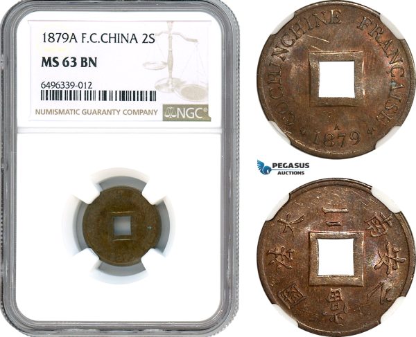 AH593, French Cochin-China, 2 Sapeque 1879 A, Paris Mint, NGC MS63BN