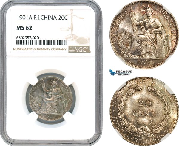 AH594, French Indo-China, 20 Centimes 1901 A, Paris Mint, Silver, NGC MS62