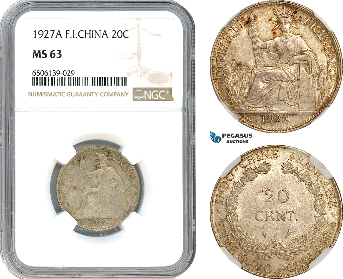 AH595, French Indo-China, 20 Centimes 1927 A, Paris Mint, Silver, NGC MS63