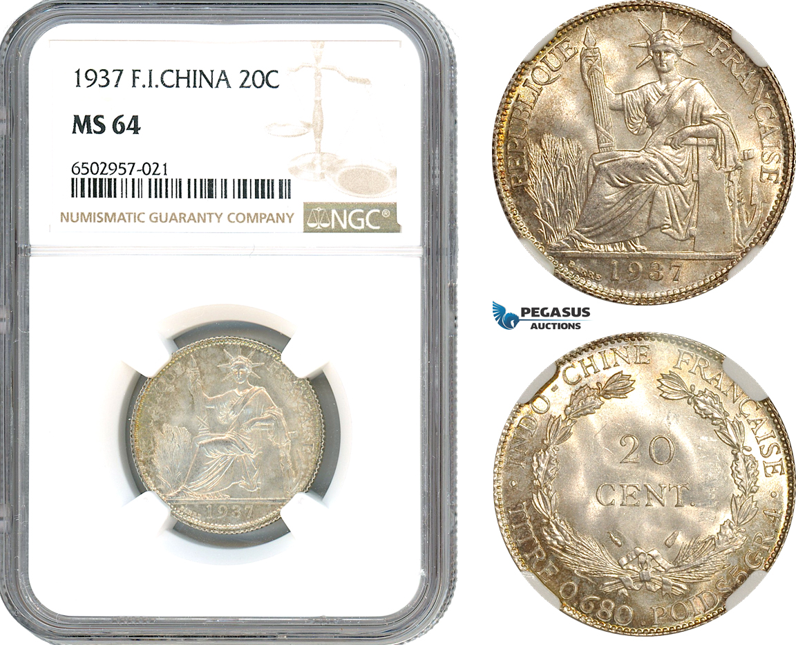 AH596, French Indo-China, 20 Centimes 1937, Paris Mint, Silver, NGC MS64