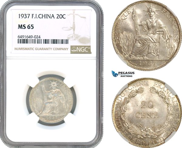 AH597, French Indo-China, 20 Centimes 1937, Paris Mint, Silver, NGC MS65