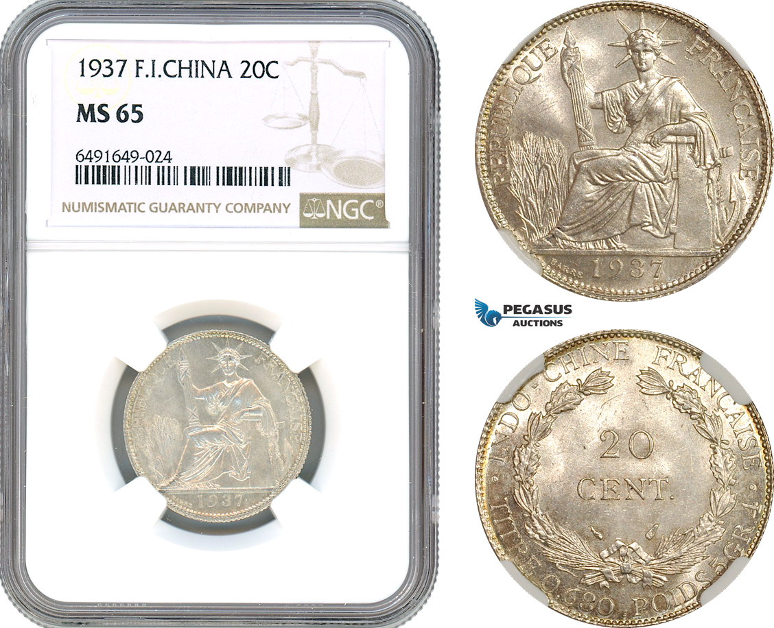AH597, French Indo-China, 20 Centimes 1937, Paris Mint, Silver, NGC MS65