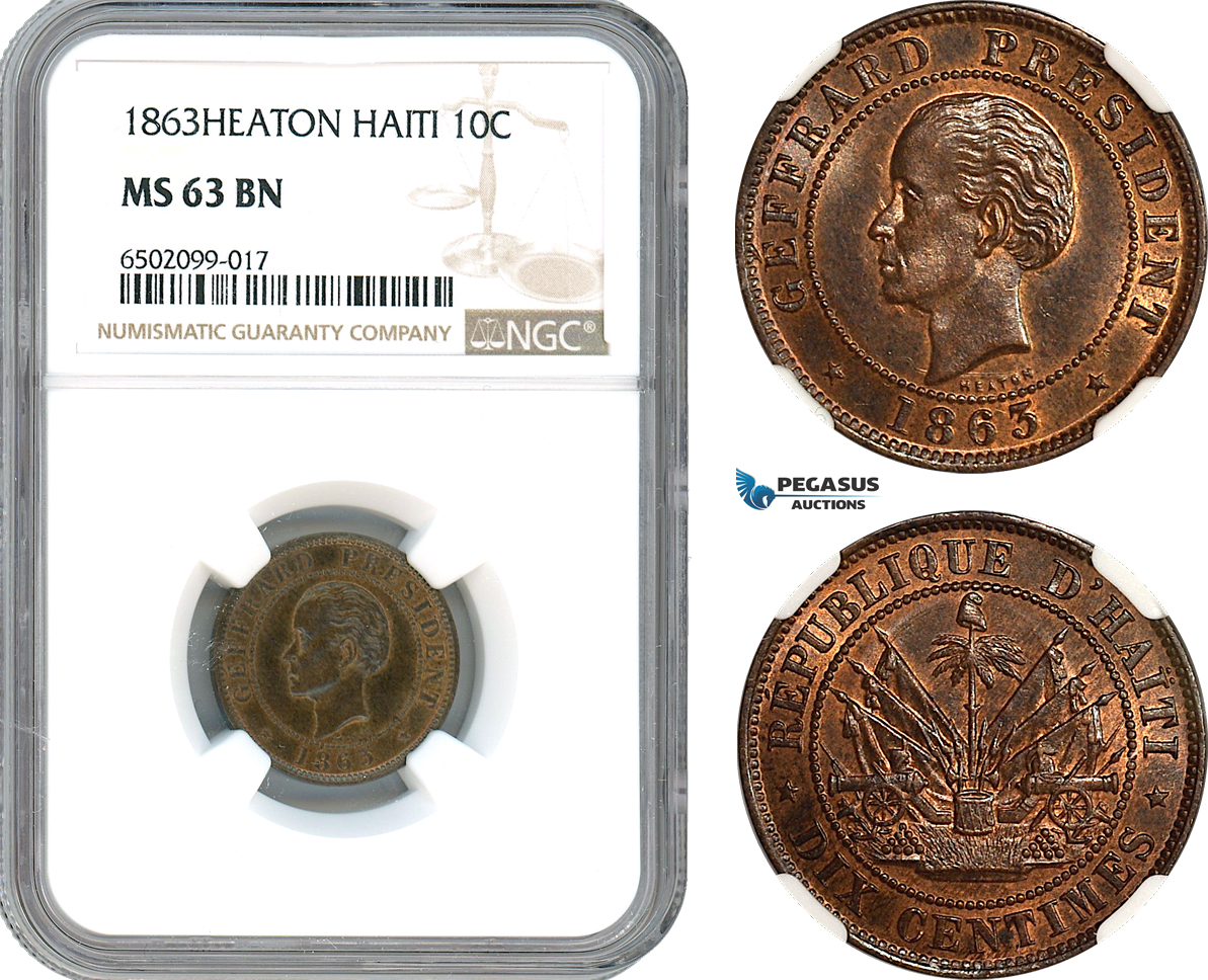 AH619, Haiti, 10 Centimes 1863, Heaton Mint, NGC MS63BN