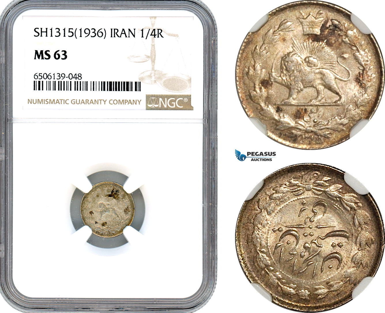 AH658, Iran, Reza Shah, 1/4 Rial SH1315 (1936) Silver, NGC MS63