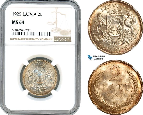 AH676, Latvia, 2 Lati 1925, Silver, NGC MS64