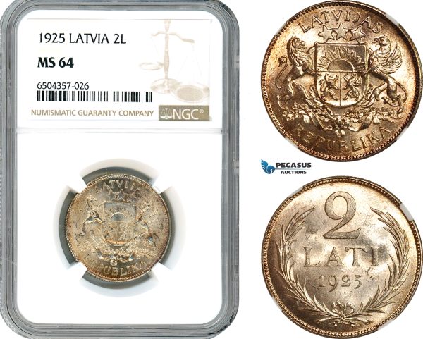 AH677, Latvia, 2 Lati 1925, Silver, NGC MS64