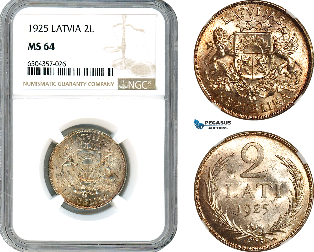 AH677, Latvia, 2 Lati 1925, Silver, NGC MS64