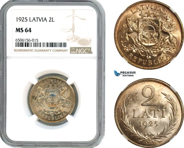 AH678, Latvia, 2 Lati 1925, Silver, NGC MS64