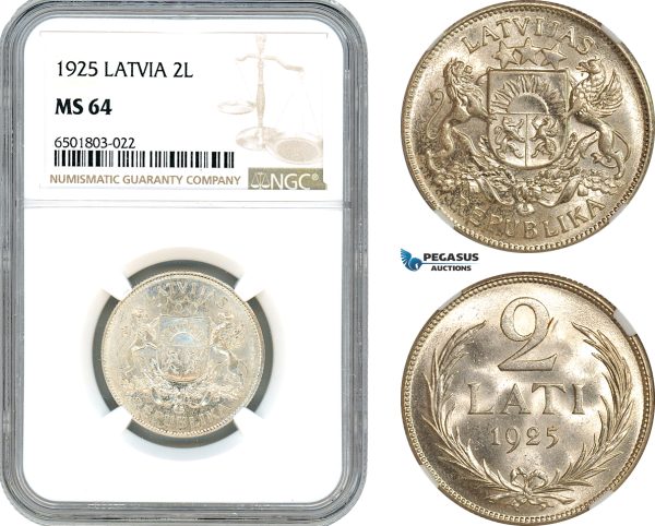 AH679, Latvia, 2 Lati 1925, Silver, NGC MS64