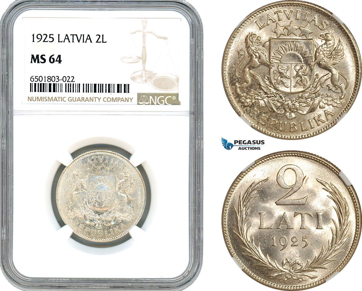 AH679, Latvia, 2 Lati 1925, Silver, NGC MS64