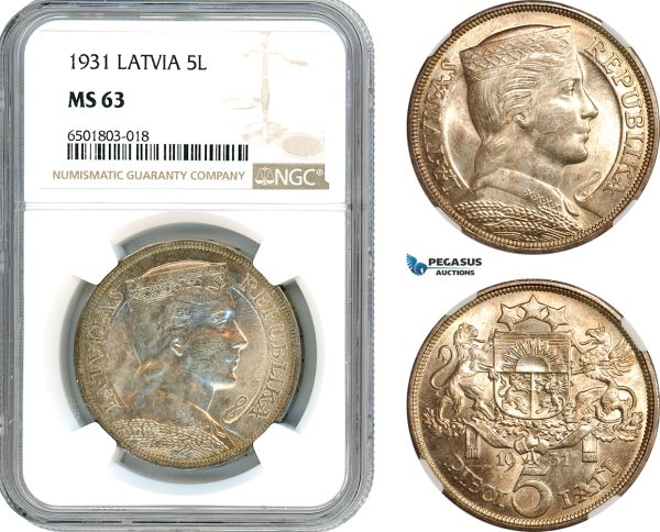 AH684, Latvia, 5 Lati 1931, Silver, NGC MS63