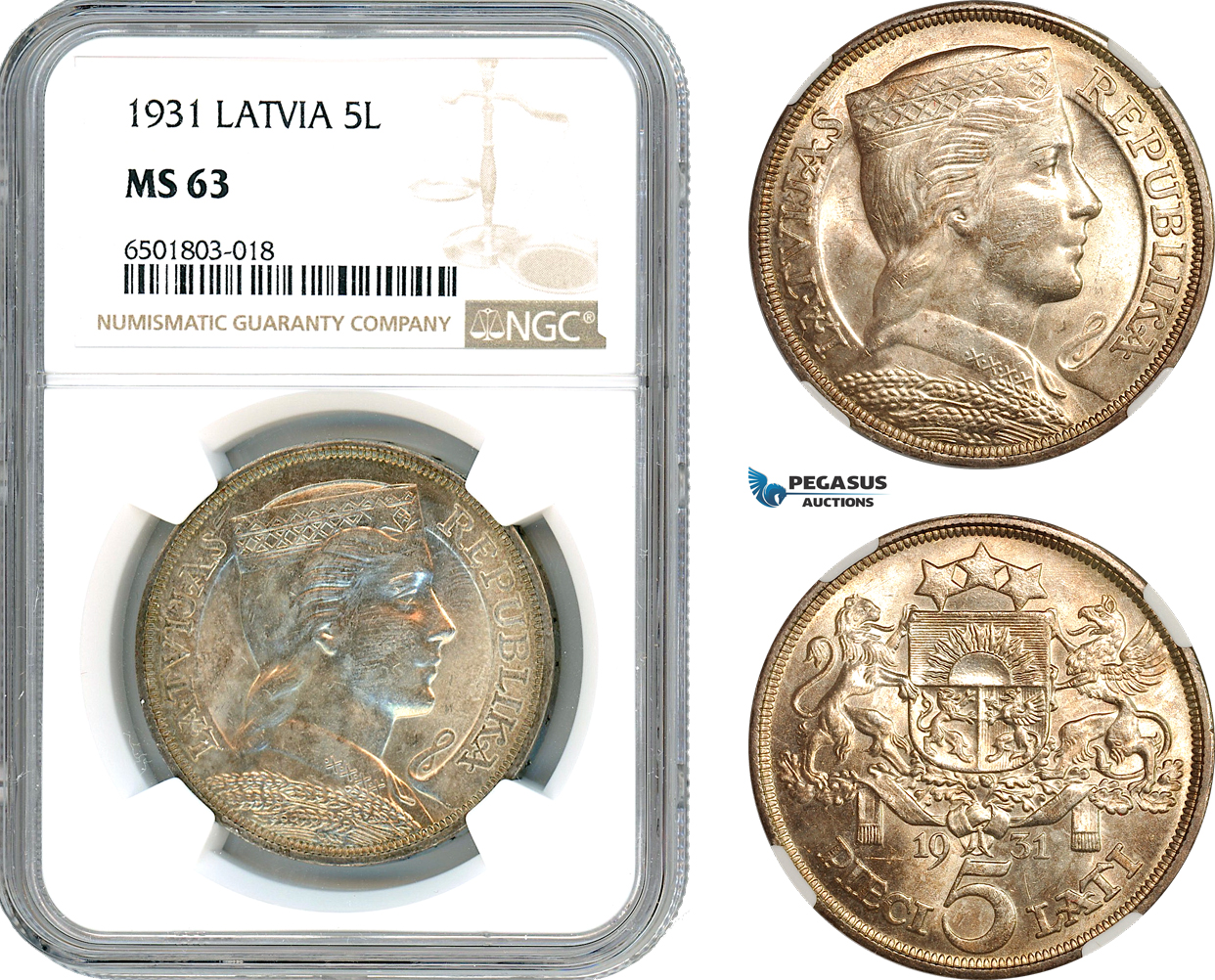 AH684, Latvia, 5 Lati 1931, Silver, NGC MS63