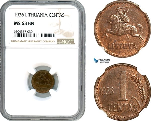 AH687, Lithuania, 1 Centas 1936, NGC MS63BN