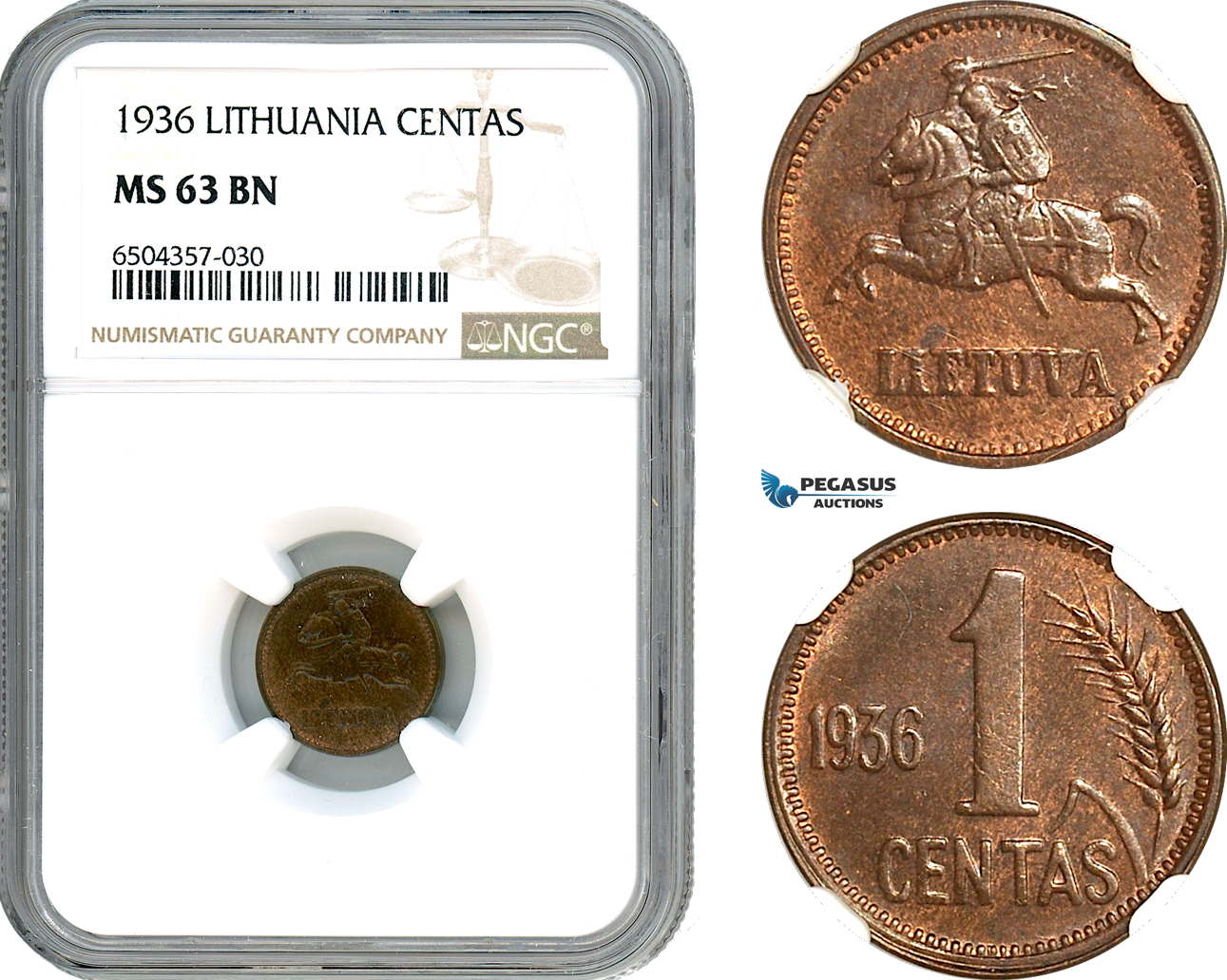 AH687, Lithuania, 1 Centas 1936, NGC MS63BN