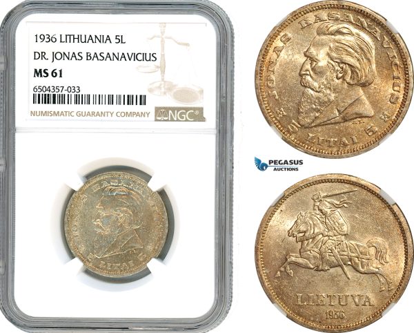 AH690, Lithuania, 5 Litai 1936, Silver "Dr. Jonas Basanavicius" NGC MS61