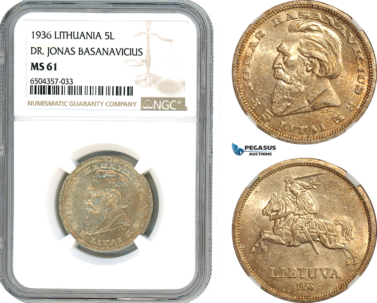 AH690, Lithuania, 5 Litai 1936, Silver "Dr. Jonas Basanavicius" NGC MS61