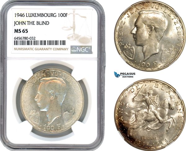 AH691, Luxembourg, Jean, 100 Francs 1946, John The Blind, Silver, NGC MS65