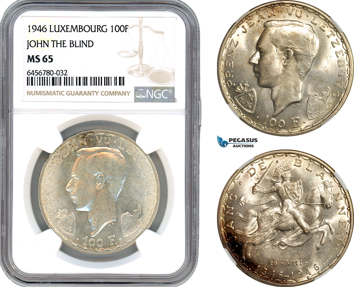 AH691, Luxembourg, Jean, 100 Francs 1946, John The Blind, Silver, NGC MS65