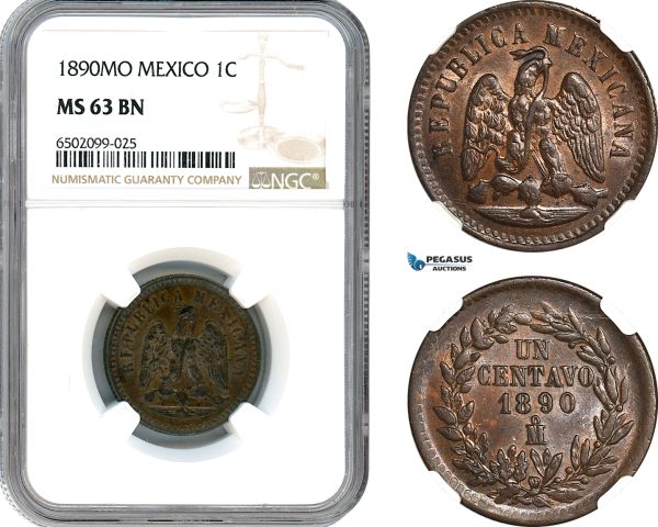 AH692, Mexico, 1 Centavo 1890 MO, Mexico City Mint, NGC MS63BN
