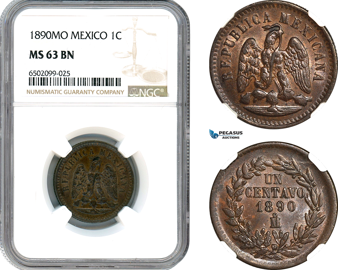 AH692, Mexico, 1 Centavo 1890 MO, Mexico City Mint, NGC MS63BN