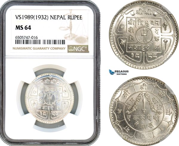 AH700, Nepal, Tribhuvan Bir Bikram Shah, 1 Rupee VS1989 (1932) Silver, NGC MS64